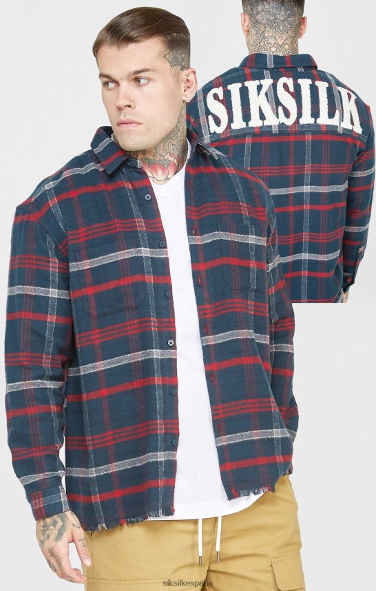 vestir es SikSilk hombres camisa de manga larga a cuadros con logo de toalla azul marino 4NP28R466