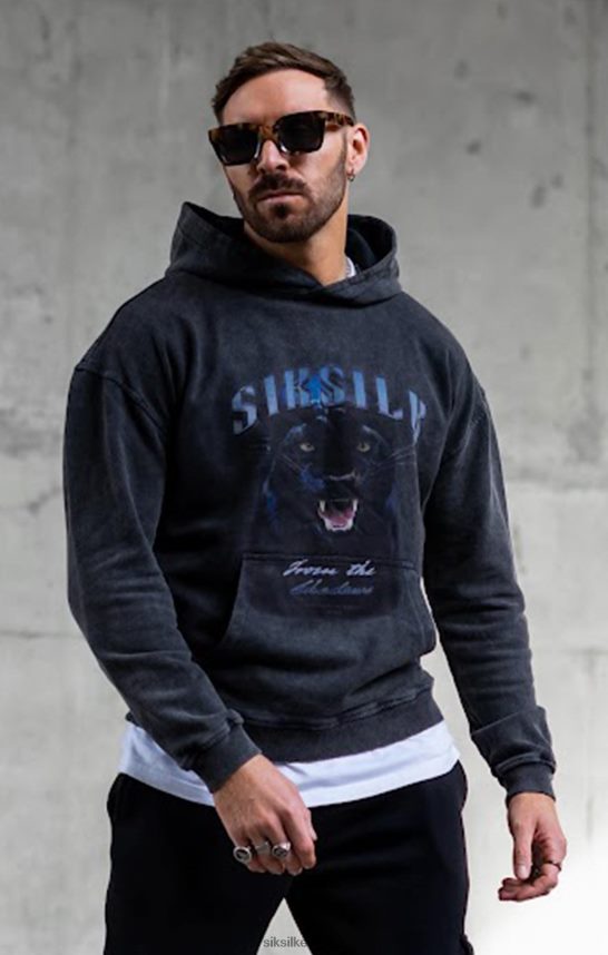 vestir es SikSilk hombres sudadera con capucha corta y ajustada con gráfico negro 4NP28R440