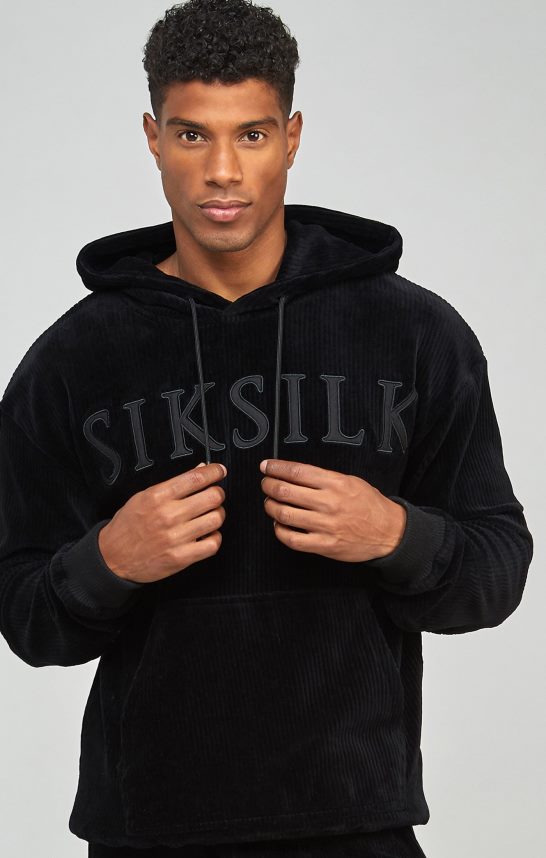 vestir es SikSilk hombres sudadera con capucha y logo aplicado de pana negra 4NP28R414