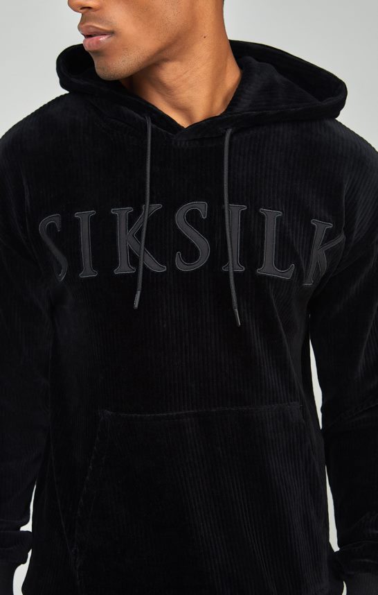 vestir es SikSilk hombres sudadera con capucha y logo aplicado de pana negra 4NP28R414